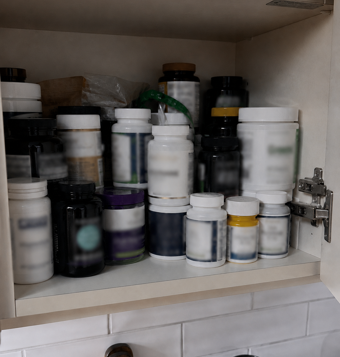 Links een groep losse supplementpotjes, rechts één KLAHR-dagzakje
